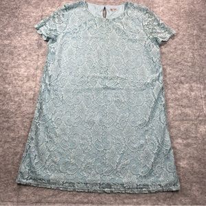 Juicy Couture Womens Blue Lace Floral Overlay‎ Satin Short Sleeve Blouse SZ XXL